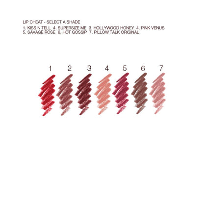 Swatches of seven lip liner pencils in bright red, muted wine, vampy purple-red, nude pink-peach, berry-rose, taupe-brown, and nude pink.
