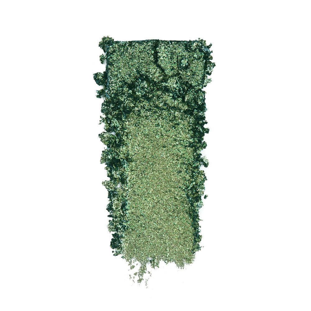 Swatch of an iridescent emerald green eyeshadow with very fine shimmer.