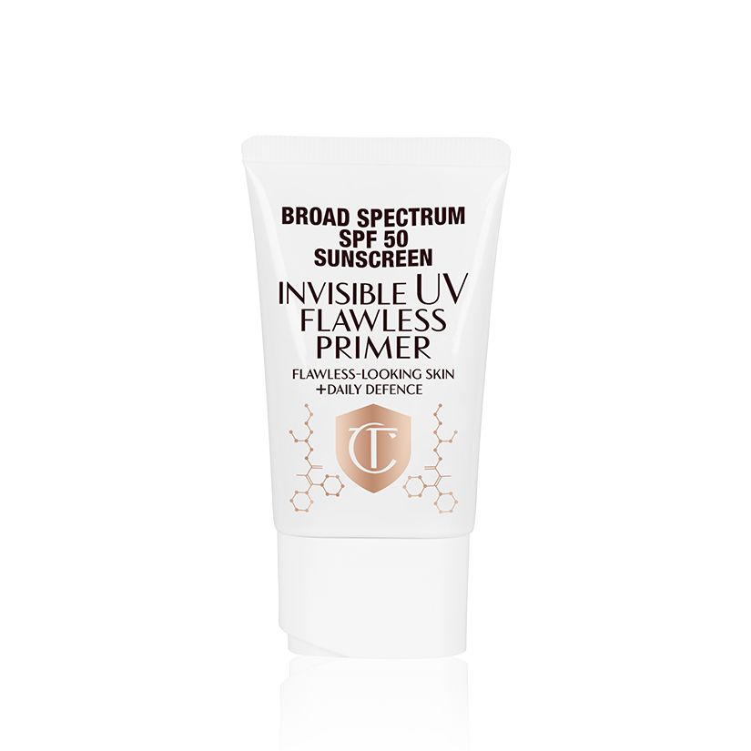 A primer in a white-coloured tube with a white-coloured lid with text on it that reads, 'invisible UV Flawless poreless primer SPF 50 PA++++'.