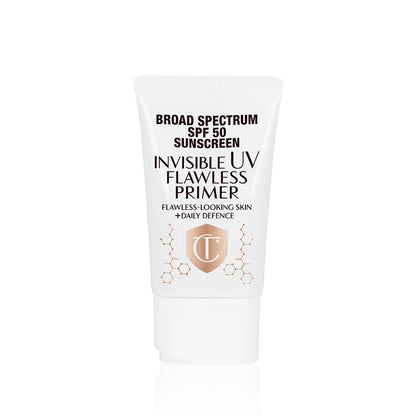 A primer in a white-coloured tube with a white-coloured lid with text on it that reads, 'invisible UV Flawless poreless primer SPF 50 PA++++'.