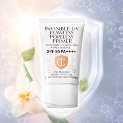 Banner with a primer in a white-coloured tube with a white-coloured lid with text on it that reads, 'invisible UV Flawless poreless primer SPF 50 PA++++'.