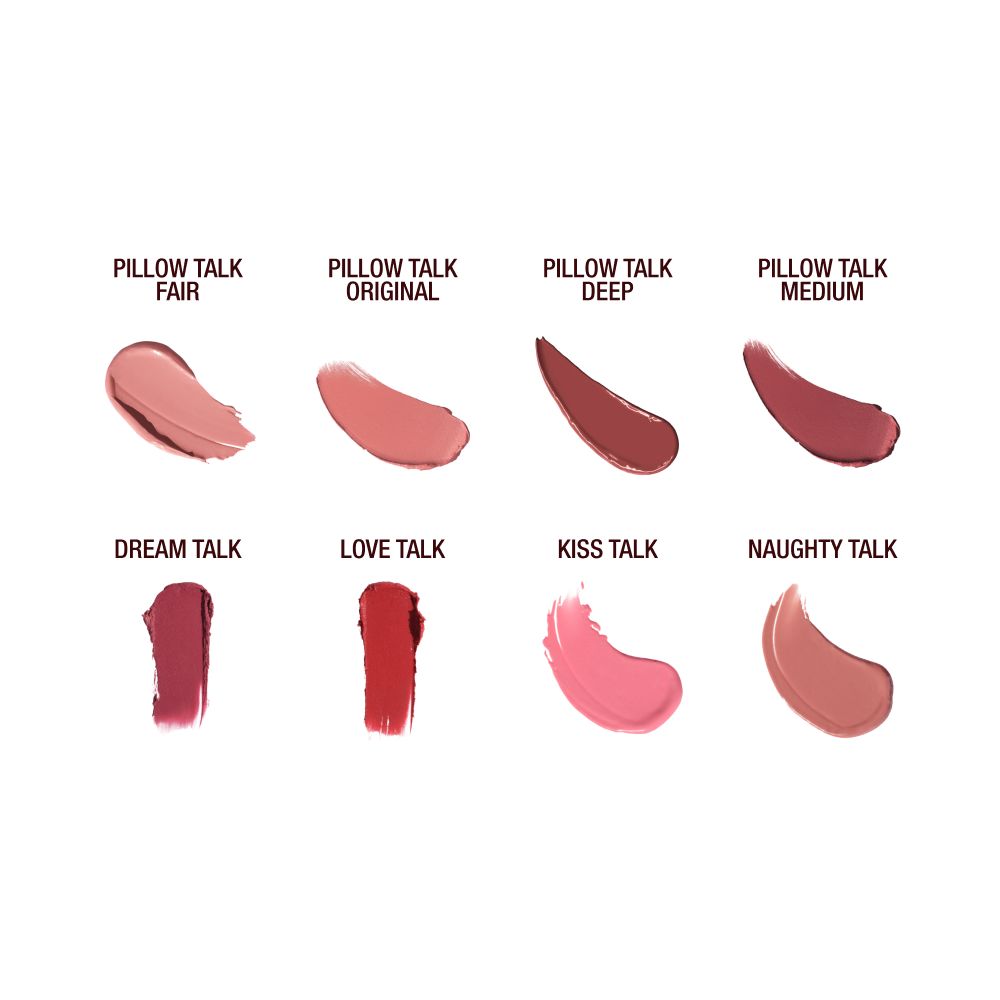 Swatches on fair and deep skin models showing Pillow Talk Love Effect Lipsticks and the original Pillow Talk Lipstick shades.