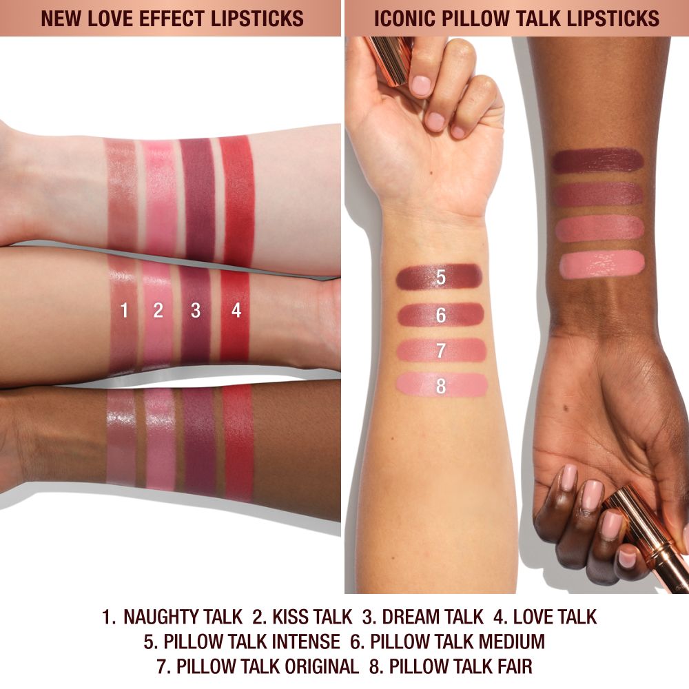 Arm swatches on fair and deep skin models showing Pillow Talk Love Effect Lipsticks and the original Pillow Talk Lipstick shades.