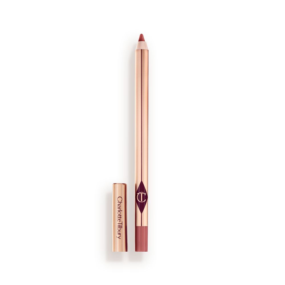 A standard-sized, nude-pink lip liner pencil with its lid removed, with a reflective, golden-coloured exterior.