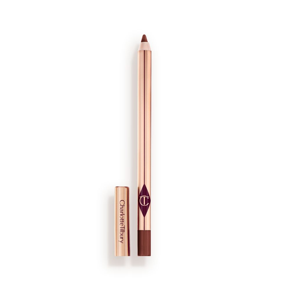 A standard-sized, tawny-brown lip liner pencil with its lid removed, with a reflective, golden-coloured exterior.