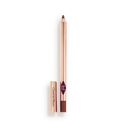 A standard-sized, tawny-brown lip liner pencil with its lid removed, with a reflective, golden-coloured exterior.