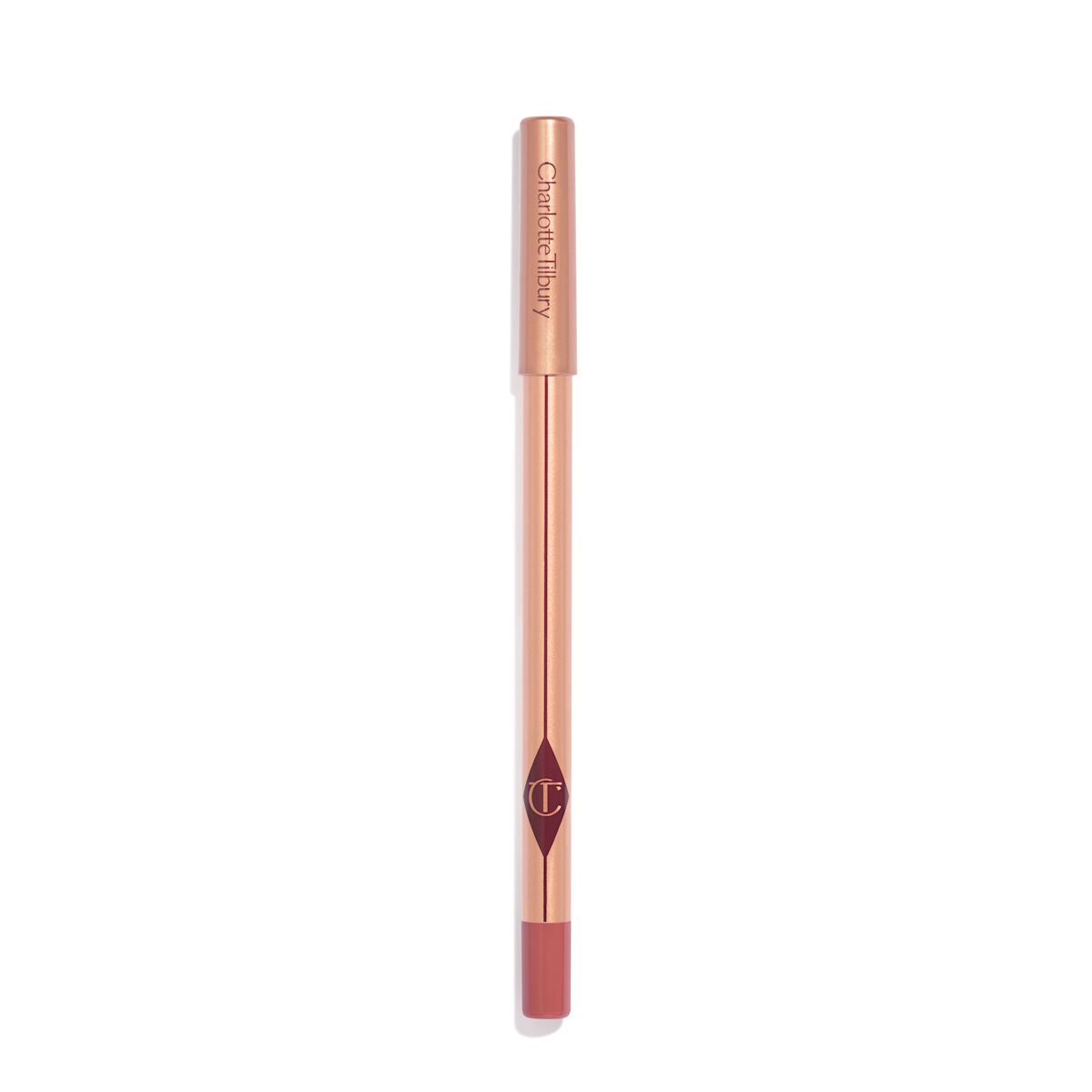 A warm, berry-pink lip liner with a golden-coloured body with nude-pink box packaging.