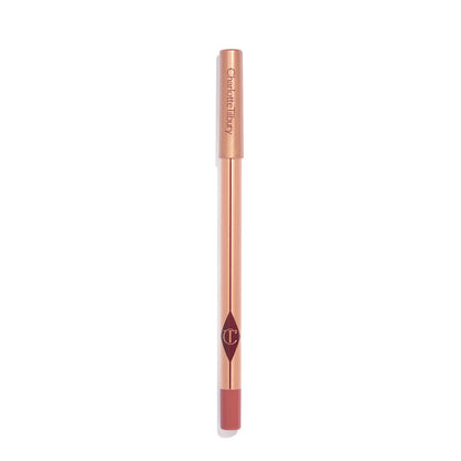 A warm, berry-pink lip liner with a golden-coloured body with nude-pink box packaging.