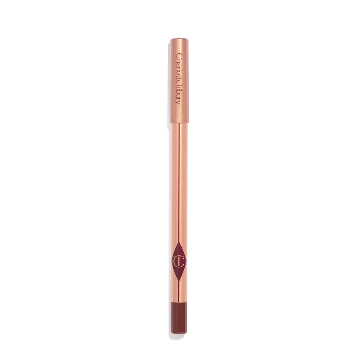 A dark red-brown lip liner pencil with a golden-coloured body with nude-pink box packaging.