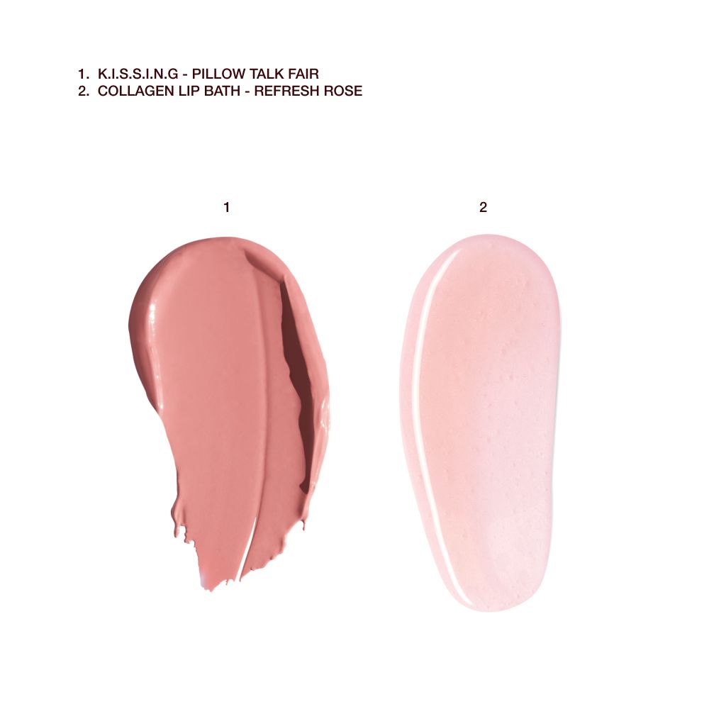 PILLOW TALK FAIR K.I.S.S.I.N.G LIPSTICK AND REFRESH ROSE COLLAGEN LIP BATH TEXTURE SWATCHES
