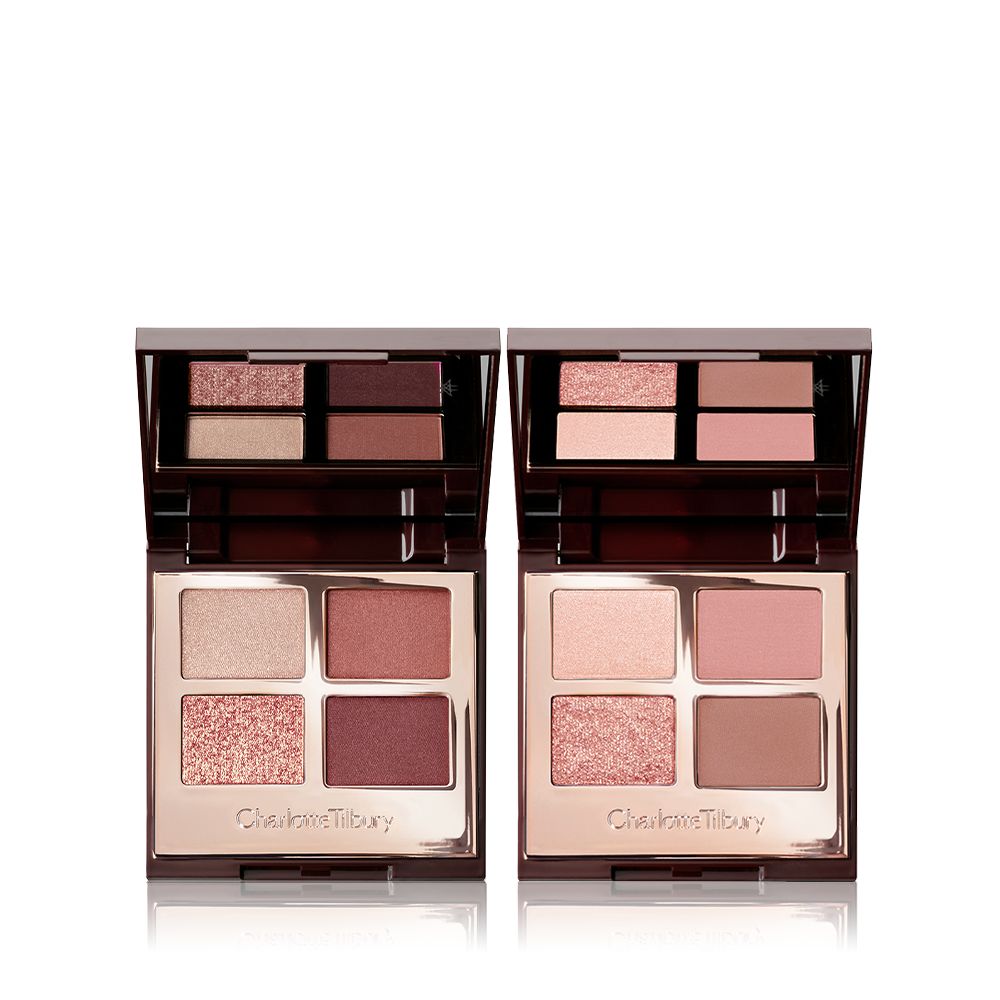 Two mirrored-lid quad eyeshadow palettes with matte and shimmery eyeshadows, one with rose gold and brown shades and the other with pink and brown shades, and both having a bright beige enhancing shade.