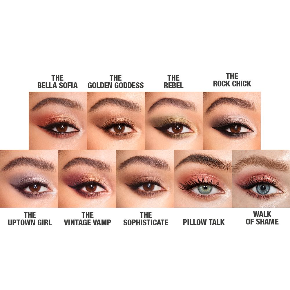 Single-eye close-up of nine different eye looks on brown and blue eyes in shimmery and smokey shades of brown, golden, rose gold, lilac, green, pink, plum, and grey.