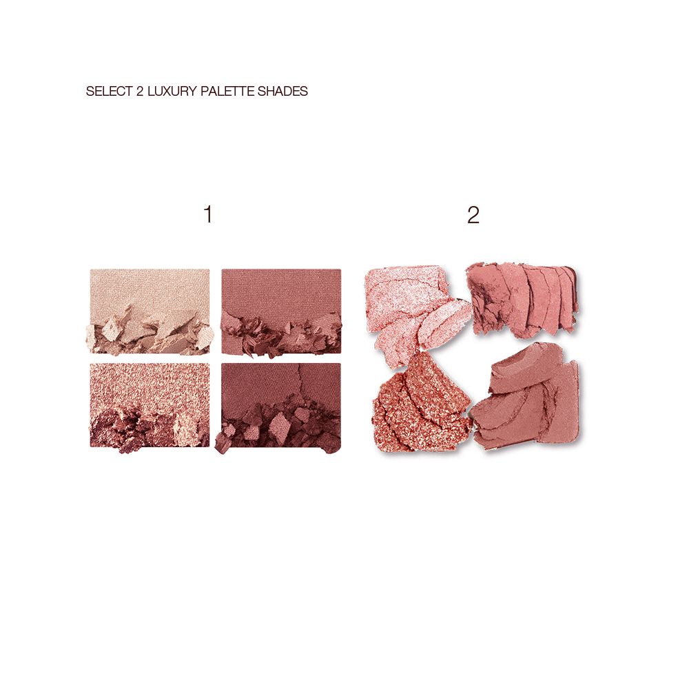 Swatches of two, quad eyeshadow palettes, one with shimmery and matte golden and brown shades and the other with shimmery and matte pink, gold, and brown shades.