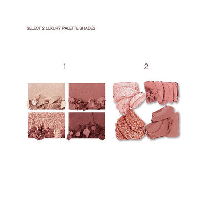 Swatches of two, quad eyeshadow palettes, one with shimmery and matte golden and brown shades and the other with shimmery and matte pink, gold, and brown shades.