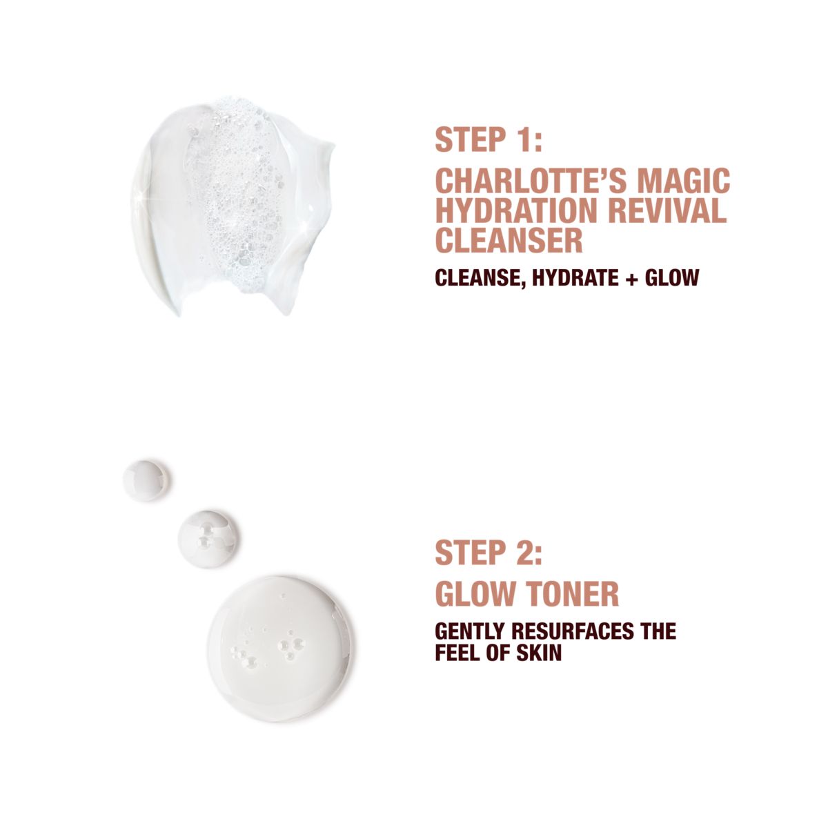 Step 1 Charlotte's Magic Hydration revival cleanser to cleanse, hydrate and glow. Step 2 glow toner gently resurfaces the feel of the skin