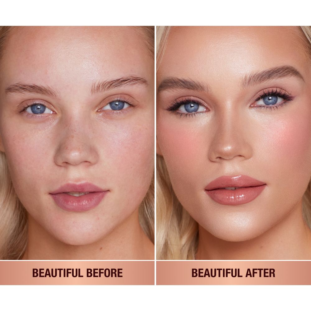 A fair-skin model shows the before and after makeup look using a tawny pink liquid blush.