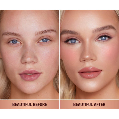 A fair-skin model shows the before and after makeup look using a tawny pink liquid blush.