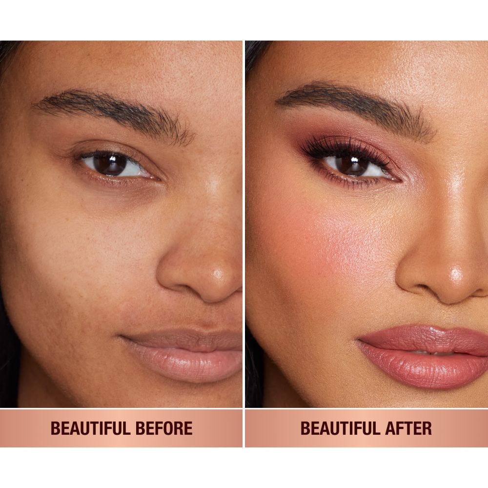 A fair-skin model shows the before and after makeup look using a peach pink liquid blush.