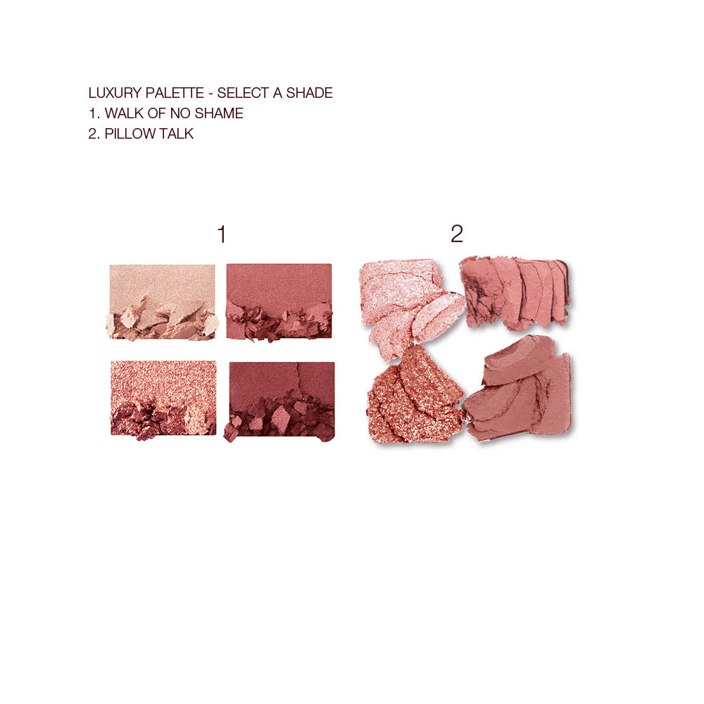 Swatches of two, quad eyeshadow palettes with matte and shimmery shades in beige, rose gold, russet brown, maroon, nude pink, clay-brown, and copper-brown.