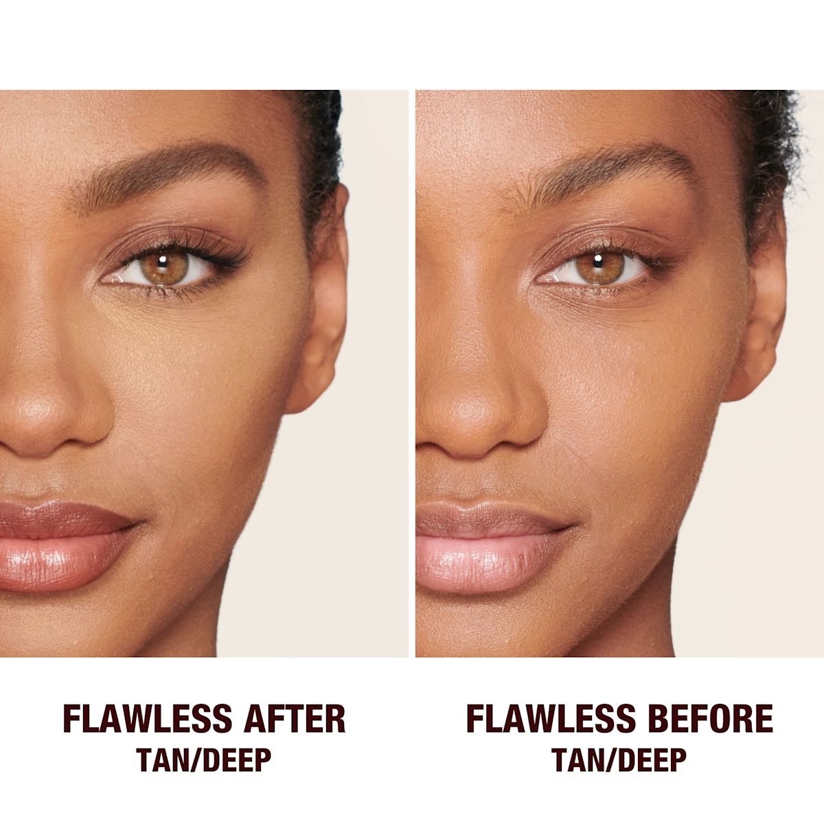 Before and after of a deep-tone model wearing glowy makeup without setting it in the before shot and wearing a radiant, setting powder that brightens, covers blemishes, and makes her skin look fresh.