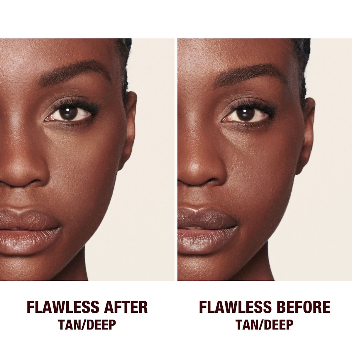 Before and after of a light-tone model wearing glowy makeup without setting it in the before shot and wearing a radiant, setting powder that brightens, covers blemishes, and makes her skin look fresh.