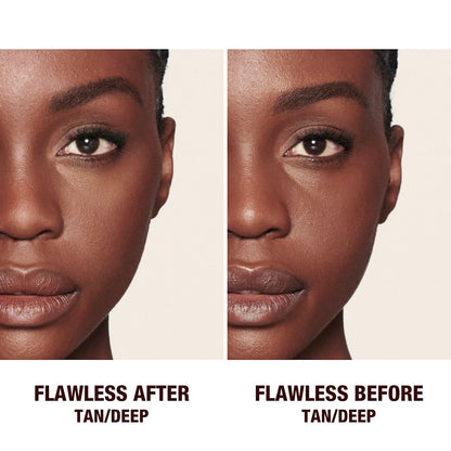 Before and after of a light-tone model wearing glowy makeup without setting it in the before shot and wearing a radiant, setting powder that brightens, covers blemishes, and makes her skin look fresh.