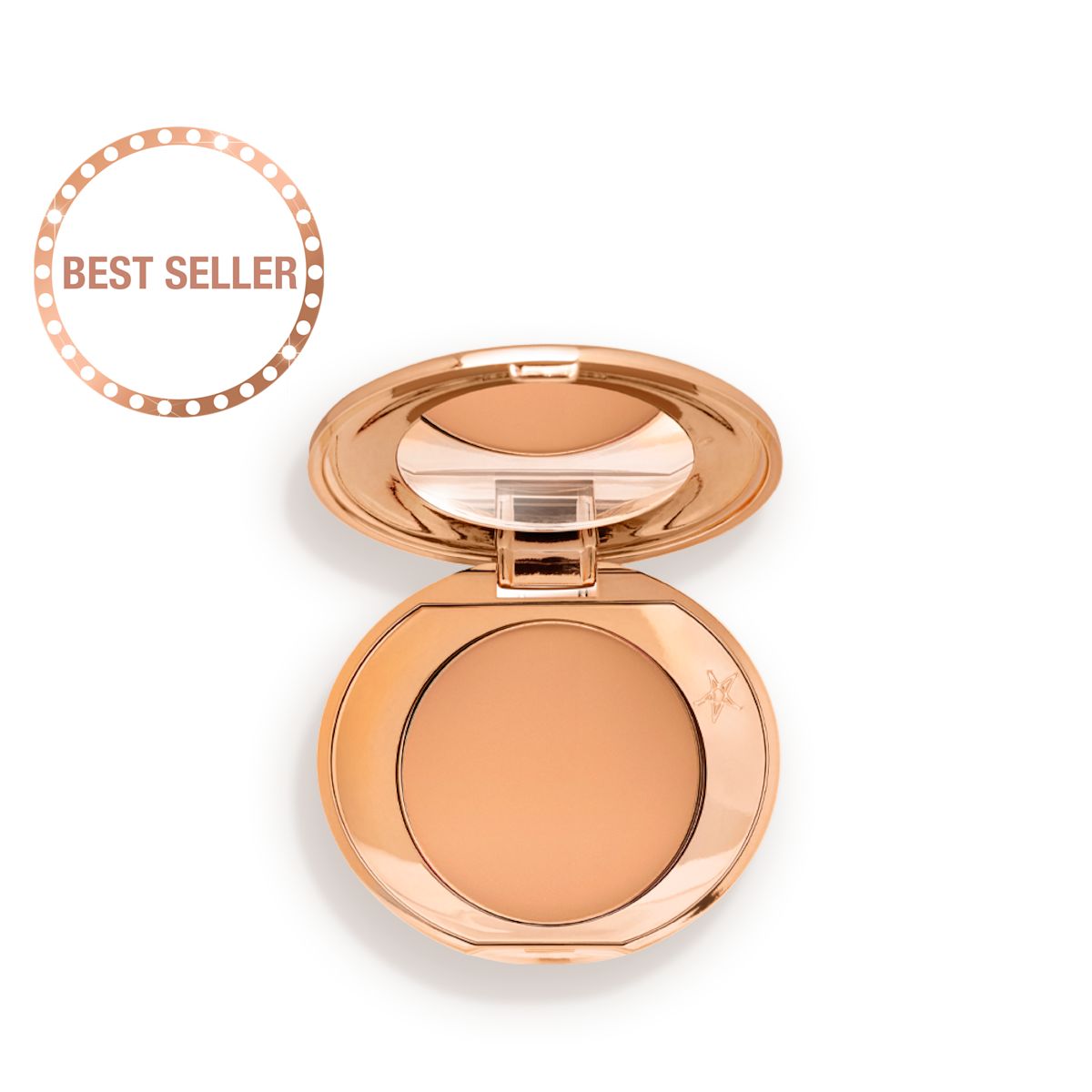 An open, mirrored-lid, mini, pressed powder compact in a sandy-brown shade.