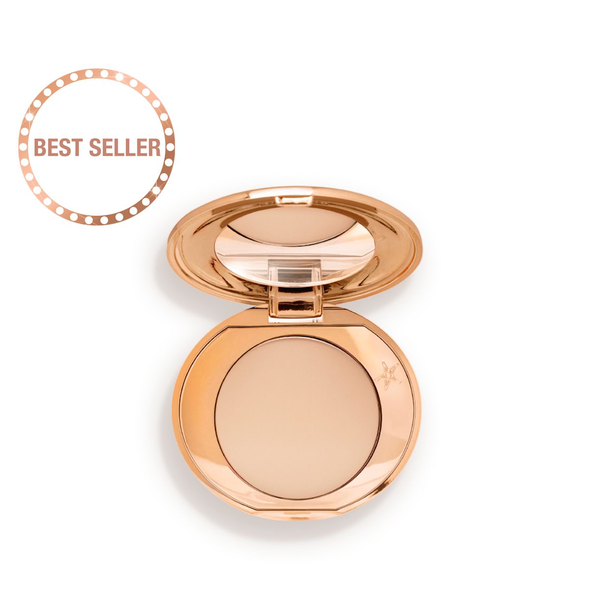 An open, mirrored-lid, mini, pressed powder compact in a light beige shade.