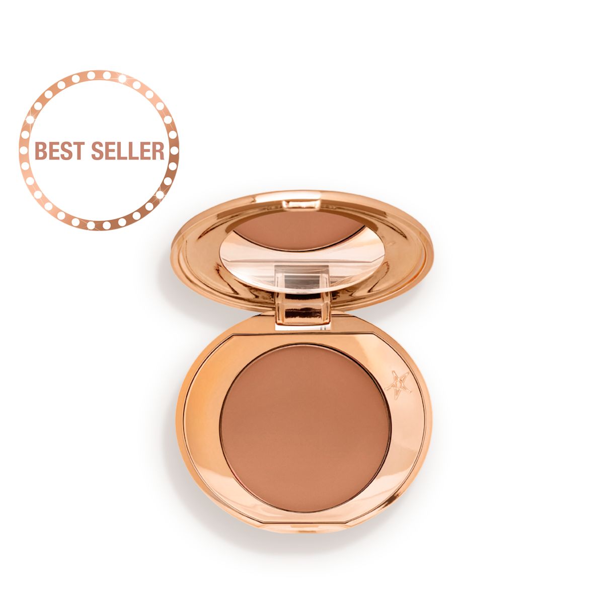 An open, mirrored-lid mini, pressed powder compact in a medium-brown shade, perfect for deep-tones.