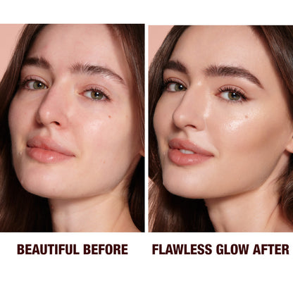 Close-up of a before and after of a light-tone model wearing smokey brown eye makeup with a glow-boosting primer that blurs her pores and makes skin look flawless.