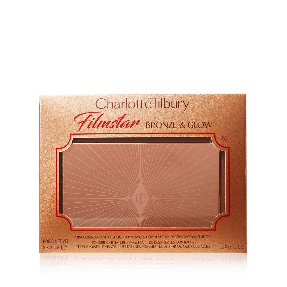 Gold-coloured box with a duo contour palette inside it with Charlotte Tilbury Filmstar bronze & glow written on top of the box.