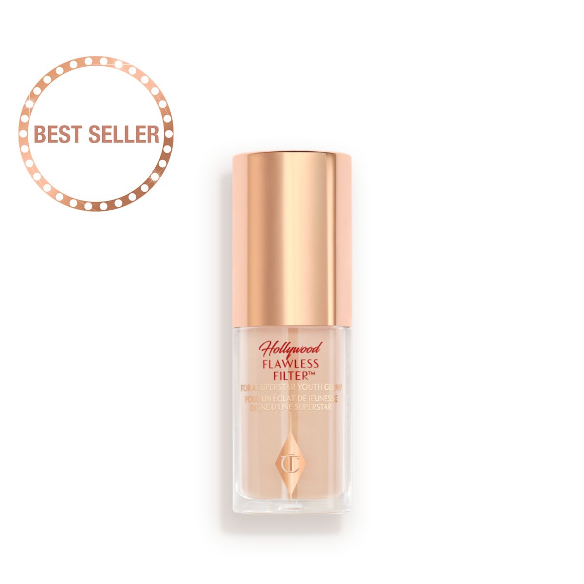 A closed glow-boosting primer in a glass bottle with a rose gold-coloured lid.