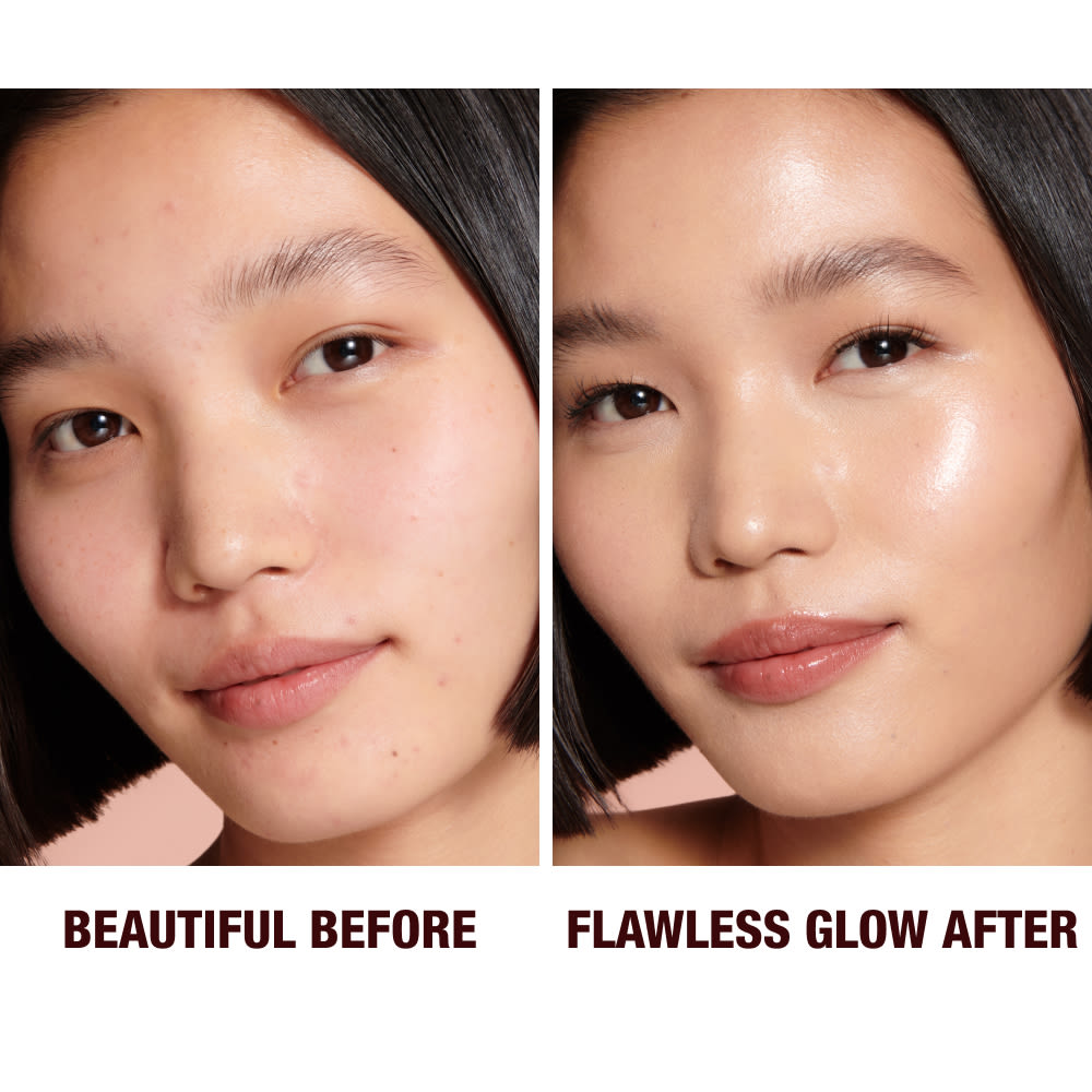 Close-up of a before and after of a light-tone model wearing smokey fawn eye makeup with a glow-boosting primer that blurs her pores and makes skin look flawless.