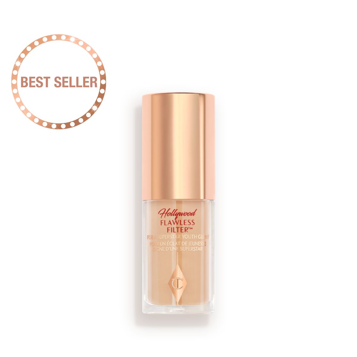 A closed glow-boosting primer in a glass bottle with a rose gold-coloured lid.