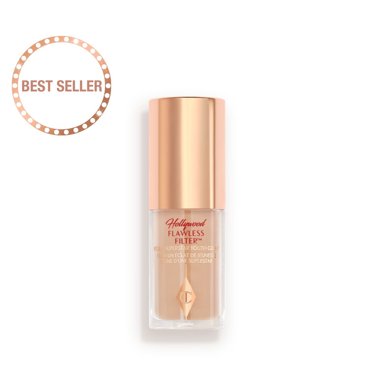 A closed glow-boosting primer in a glass bottle with a rose gold-coloured lid.