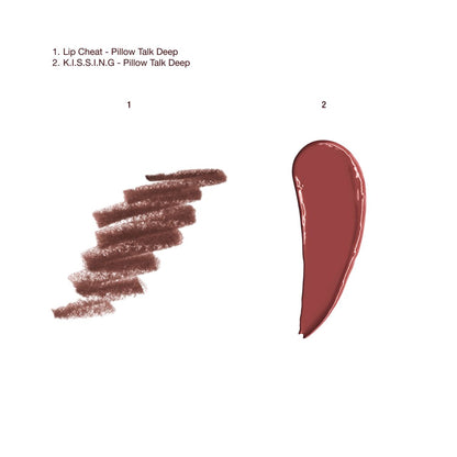 Swatches of a satin-finish lipstick in a deep berry-rose shade with a taupe-brown-coloured lip liner.
