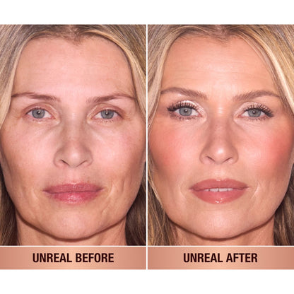 Model with and without make up showcasing blush.