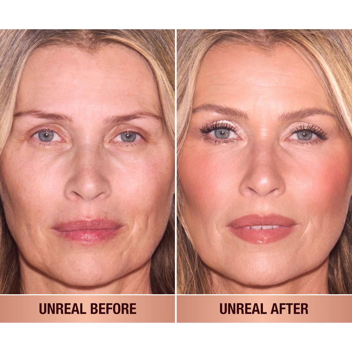 Model with and without make up showcasing blush.