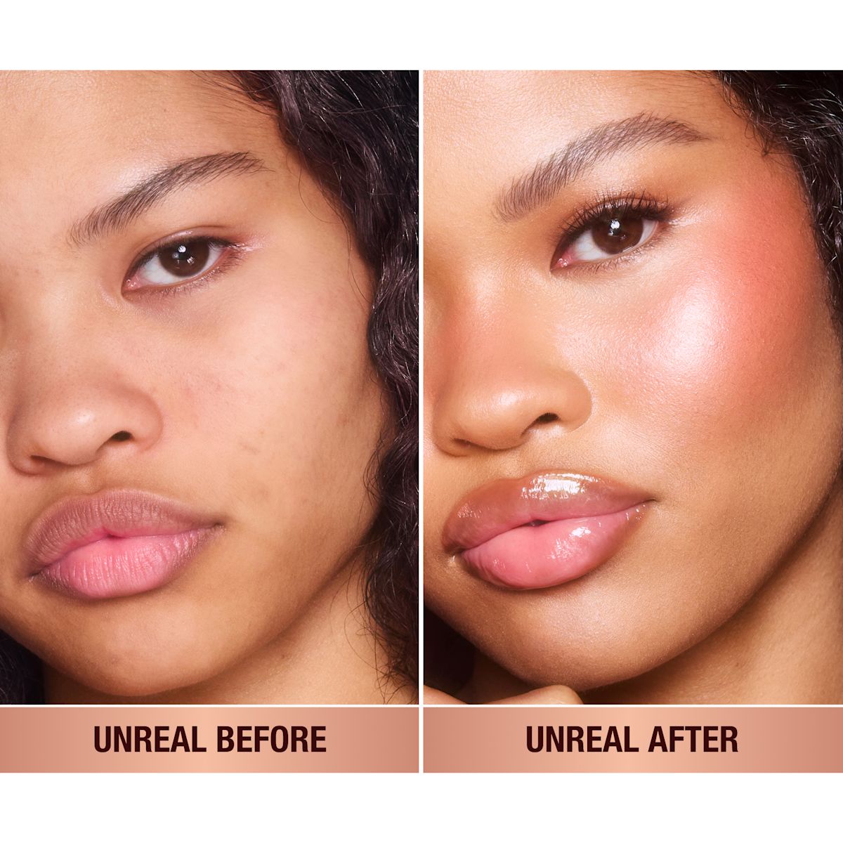 Before and after of tan model with and without wearing blush.