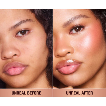 Before and after of tan model with and without wearing blush.