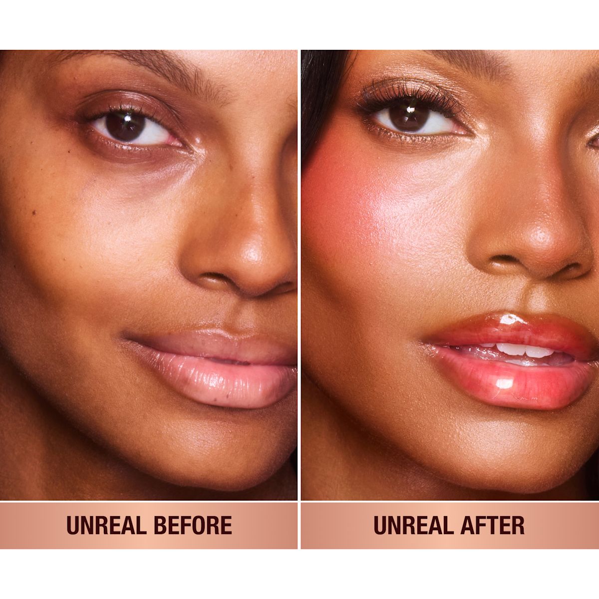 Before and after of tan model with and without wearing the blush.