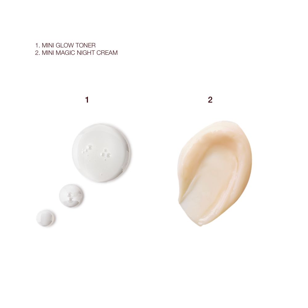 Swatches of a watery, silvery-white toner and a thick, fawn-coloured face cream.