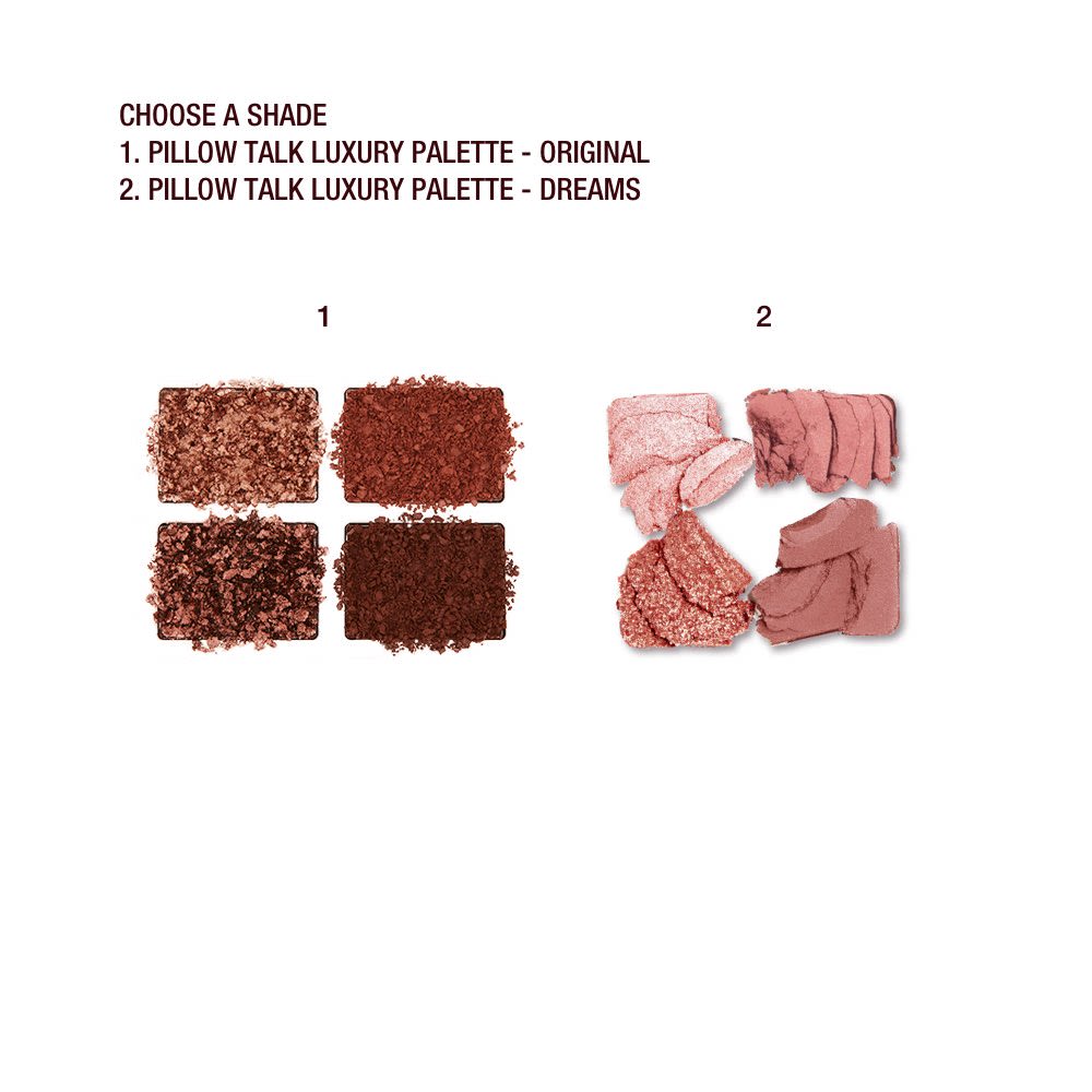 Swatches of two, quad eyeshadow palettes, one with shimmery and matte bold shades of brown, bronze, and gold and the other one with soft, matte and shimmery shades of gold and pink.