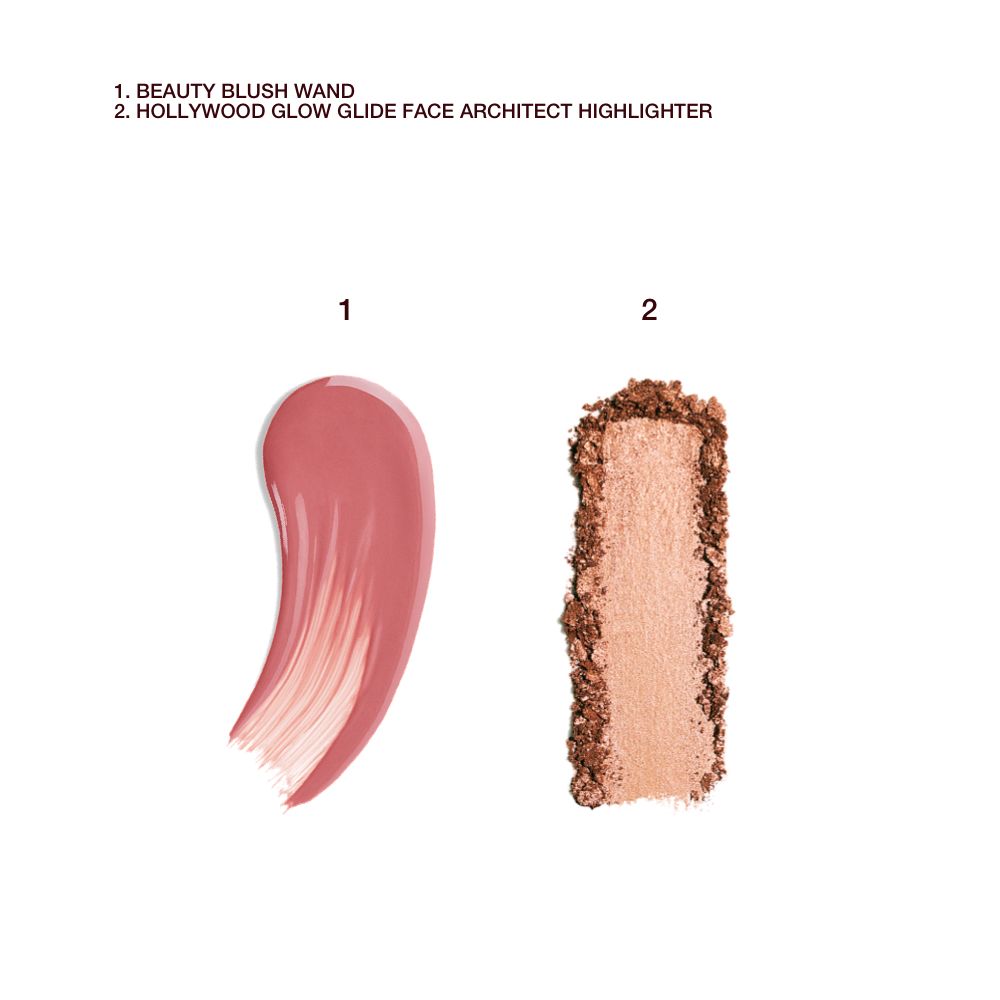 A texture swatch of a matte liquid blush and powder highlighter