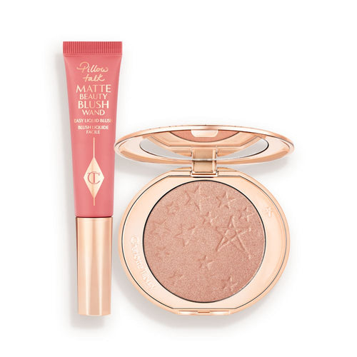 A matte pink liquid blush and powder highlighter