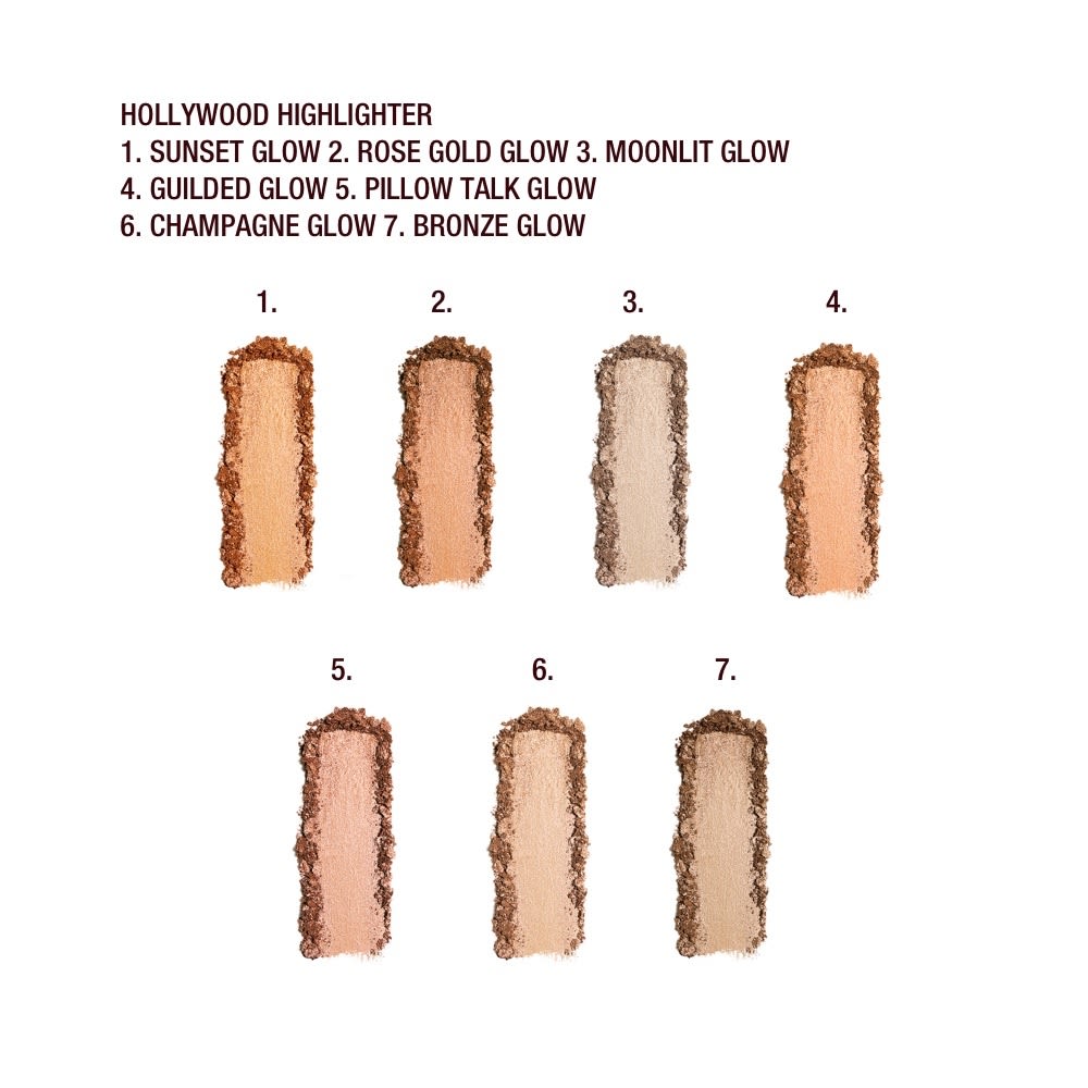 A swatch of powder highlighters in orange-gold, rose gold, light gold, deep gold, rose, champagne and bronze shades.
