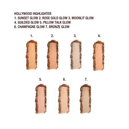 A swatch of powder highlighters in orange-gold, rose gold, light gold, deep gold, rose, champagne and bronze shades.