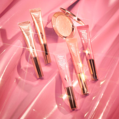 Liquid highlighters, matte liquid blushes and a powder highlighter all in a variety of pinky shades