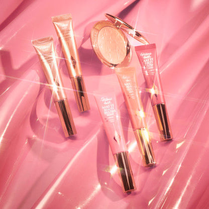 Liquid highlighters, matte liquid blushes and a powder highlighter all in a variety of pinky shades
