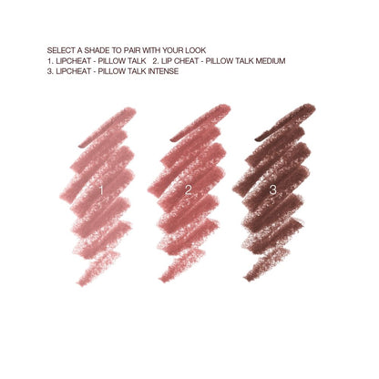 Three swatches of lip liner pencils in nude pink, berry-rose, and a deep tawny-brown.